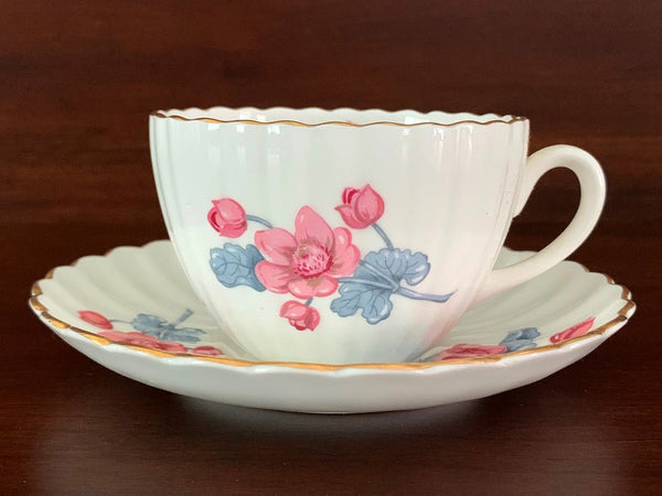 Radfords Cup and Saucer - White with Pink Flowers, Ribbed Teacup, England -J - The Vintage TeacupTeacups