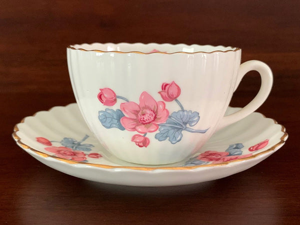 Radfords Cup and Saucer - White with Pink Flowers, Ribbed Teacup, England -J - The Vintage TeacupTeacups