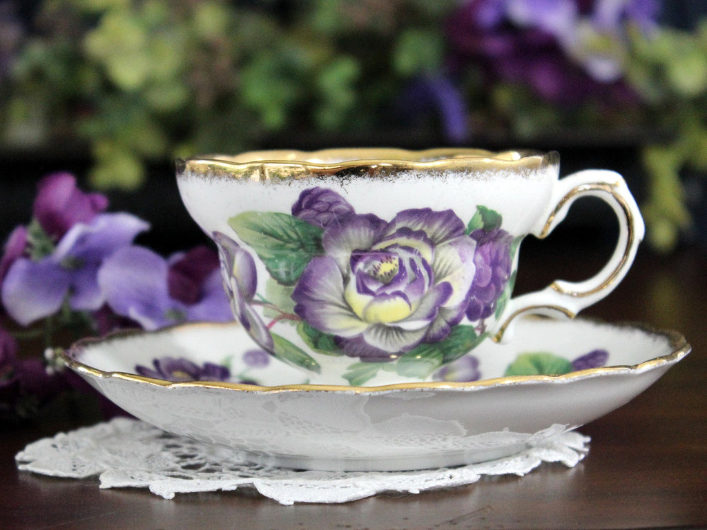 Rosina Cup & Saucer, Purple Roses & Heavy Gold Edges, Tea Cup 17877 – The  Vintage Teacup
