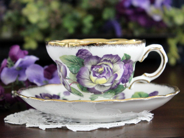 Rosina Cup & Saucer, Purple Roses & Heavy Gold Edges, Tea Cup, Made in England 17877 - The Vintage TeacupTeacups