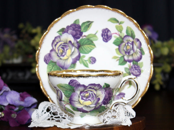 Rosina Cup & Saucer, Purple Roses & Heavy Gold Edges, Tea Cup, Made in England 17877 - The Vintage TeacupTeacups