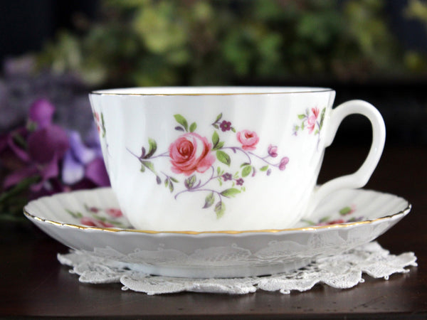 Royal Adderley, Fragrance, Teacup & Saucer, Dainty Pink Roses, Ribbed Tea Cup 17804 - The Vintage TeacupTeacups