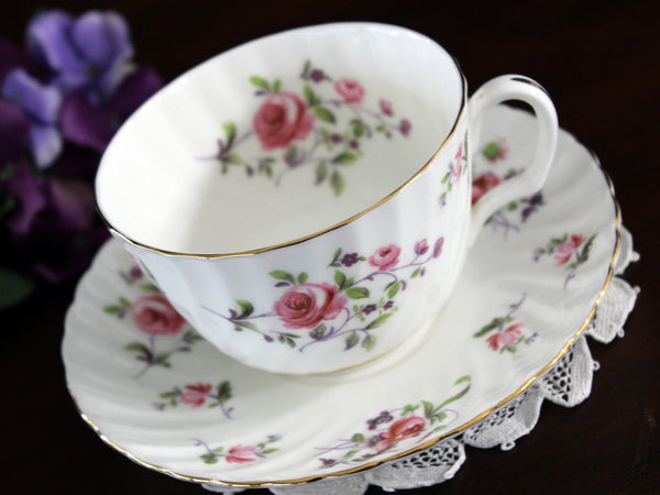 Royal Adderley, Fragrance, Teacup & Saucer, Dainty Pink Roses, Ribbed Tea Cup 17804 - The Vintage TeacupTeacups