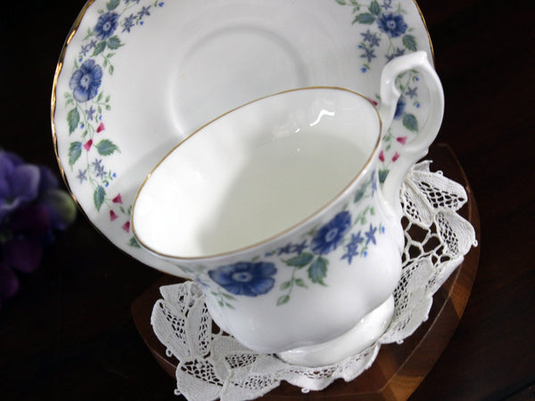 Royal Albert Bone China, Cup & Saucer, Blue Florals, Meadowcroft 17814 - The Vintage TeacupTeacups