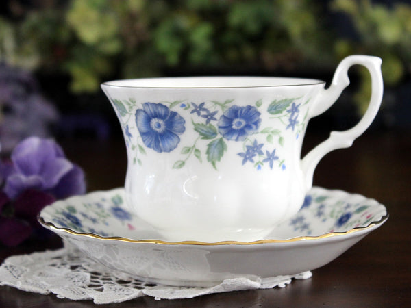 Royal Albert Bone China, Cup & Saucer, Blue Florals, Meadowcroft 17814 - The Vintage TeacupTeacups