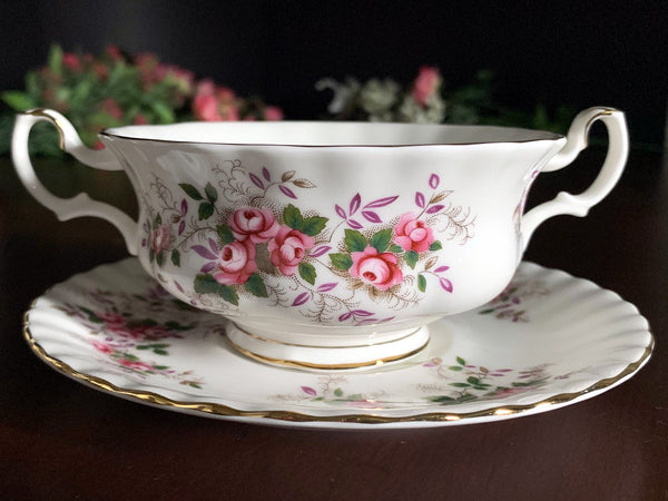 Royal Albert Boullion Cup and Saucer, Lavender Rose, 2 Handled Cream Soup Cup -J - The Vintage TeacupTeacups