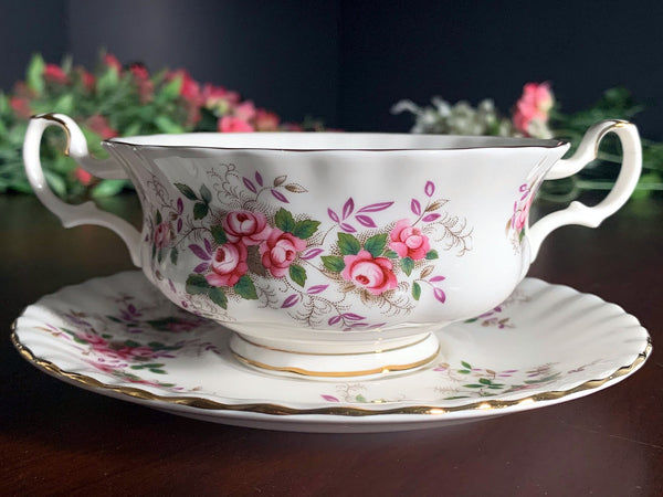 Royal Albert Boullion Cup and Saucer, Lavender Rose, 2 Handled Cream Soup Cup -J - The Vintage TeacupTeacups