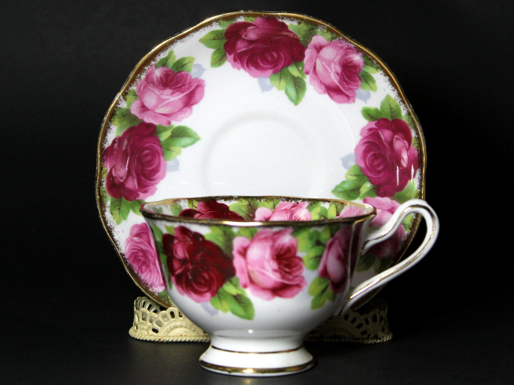 Royal Albert Cup and Saucer, Old English Rose, Fluffy Roses Bone China Teacup -J - The Vintage TeacupTeacups