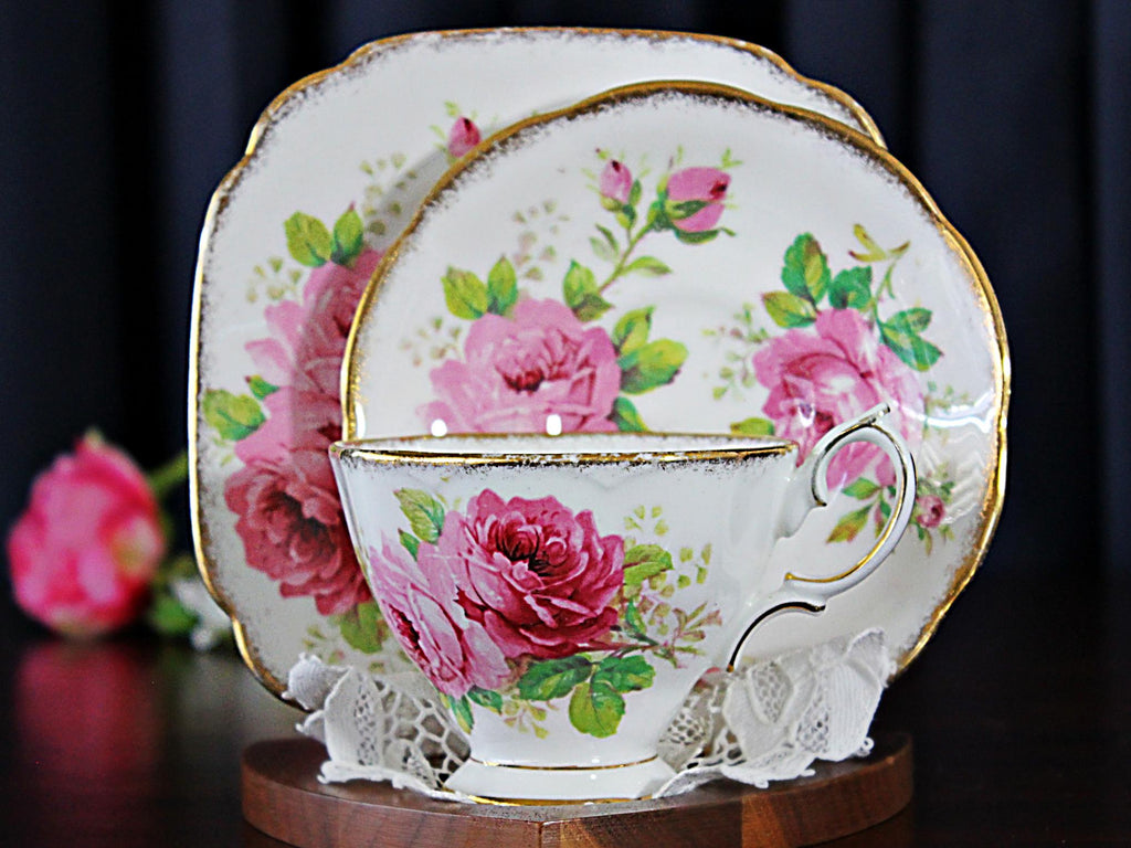Royal Albert Trio, American Beauty, Cup, Saucer & Side Plate, Large Pink Roses 18140 - The Vintage TeacupTeacups