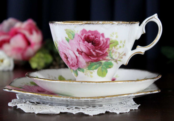 Royal Albert Trio, American Beauty, Cup, Saucer & Side Plate, Large Pink Roses 18140 - The Vintage TeacupTeacups