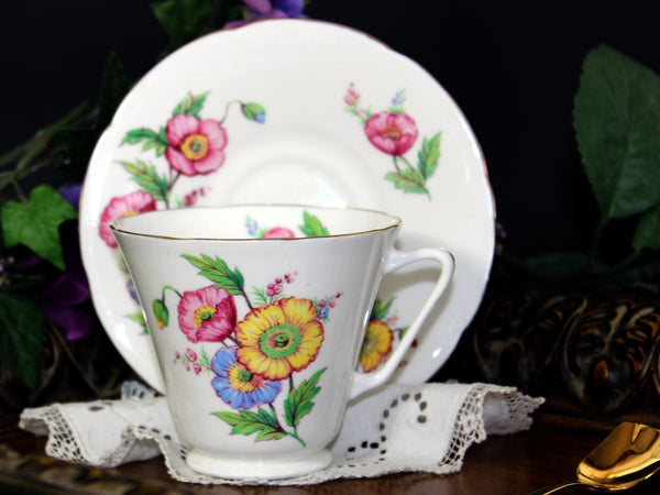 Royal Grafton Teacup and Saucer, English Bone China Teacup, Colorful Poppies 13273 - The Vintage TeacupTeacups