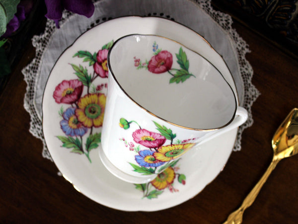 Royal Grafton Teacup and Saucer, English Bone China Teacup, Colorful Poppies 13273 - The Vintage TeacupTeacups