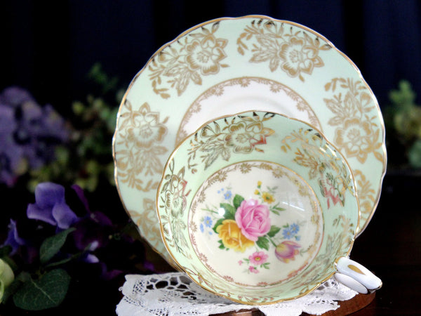 Royal Stafford, Wide Mouth, Minty Green Tea Cup & Saucer, Floral Interior 17976 - The Vintage TeacupTeacups