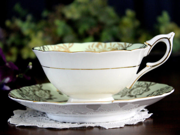 Royal Stafford, Wide Mouth, Minty Green Tea Cup & Saucer, Floral Interior 17976 - The Vintage TeacupTeacups