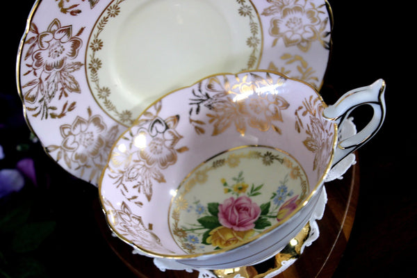 Royal Stafford, Wide Mouth, Pink Tea Cup & Saucer, Floral Interior 17951 - The Vintage TeacupTeacups