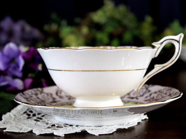 Royal Stafford, Wide Mouth, Pink Tea Cup & Saucer, Floral Interior 17951 - The Vintage TeacupTeacups
