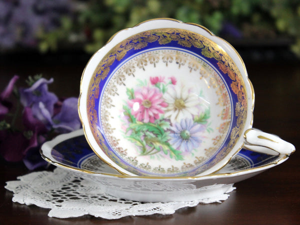 Royal Stafford, Wide Mouth Tea Cup & Saucer, Daisy Detail, Blue Banding 17914 - The Vintage TeacupTeacups