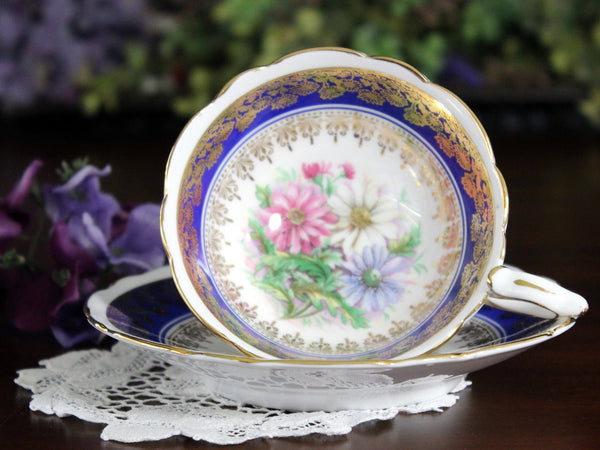 Royal Stafford, Wide Mouth Tea Cup & Saucer, Daisy Detail, Blue Banding 17914 - The Vintage TeacupTeacups