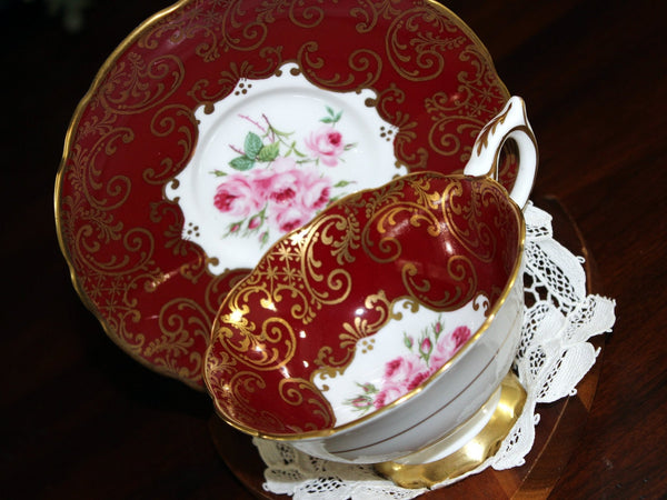 Royal Stafford, Wide Mouth, Tea Cup & Saucer, Gilt Overlay, Burgundy Teacup 17876 - The Vintage TeacupTeacups