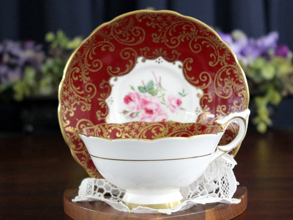 Royal Stafford, Wide Mouth, Tea Cup & Saucer, Gilt Overlay, Burgundy Teacup 17876 - The Vintage TeacupTeacups