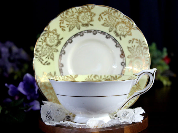 Royal Stafford, Wide Mouth, Yellow Tea Cup & Saucer, Roses on Interior 17960 - The Vintage TeacupTeacups