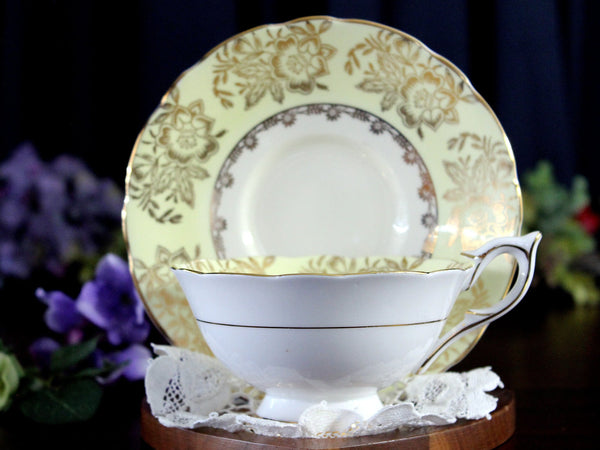 Royal Stafford, Wide Mouth, Yellow Tea Cup & Saucer, Roses on Interior 17960 - The Vintage TeacupTeacups