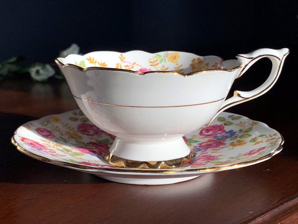 Royal Stafford, Wide Mouthed, Tea Cup & Saucer, "June Roses" Floral Chintz Teacup -J - The Vintage TeacupTeacups