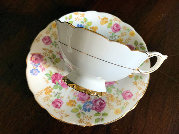 Royal Stafford, Wide Mouthed, Tea Cup & Saucer, "June Roses" Floral Chintz Teacup -J - The Vintage TeacupTeacups
