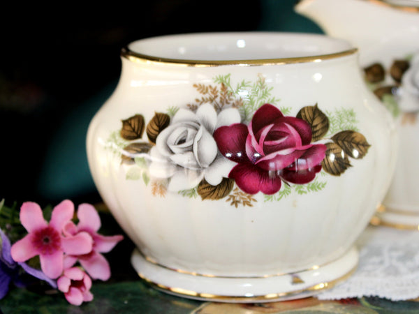 Sadler Creamer & Sugar, English Bone China, Red & White Roses 15975 - The Vintage TeacupAccessories
