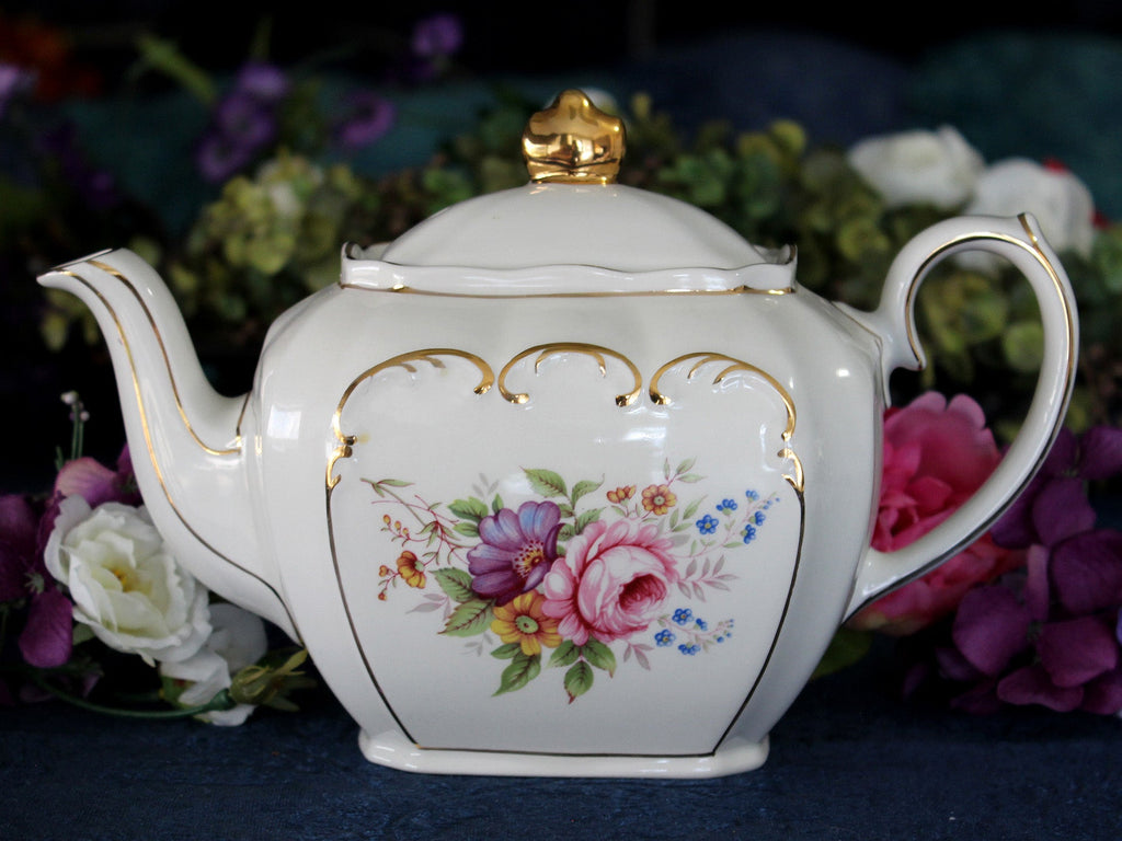 Sadler Cube Shaped Teapot, Pink Roses Tea Pot, Roses & Scroll Gilding 14740 - The Vintage TeacupTeapots