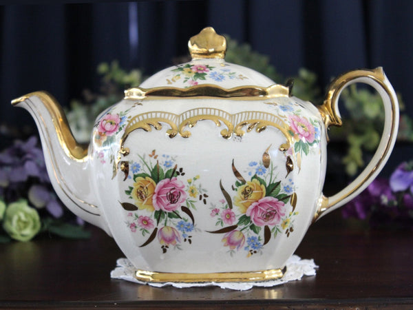 Sadler Cube Teapot, Cabbage Roses Transferware, 1930s Sadler Tea Pot 17819 - The Vintage TeacupTeapots