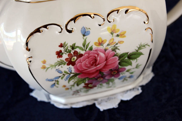 Sadler Cube Teapot, Pink Rose, 4 Cup Tea Pot, Roses & Scroll Gilding 17352 - The Vintage TeacupTeapots