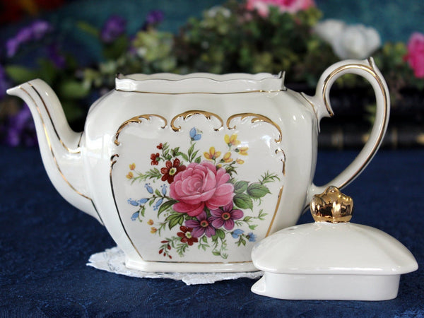 Sadler Cube Teapot, Pink Rose, 4 Cup Tea Pot, Roses & Scroll Gilding 17352 - The Vintage TeacupTeapots