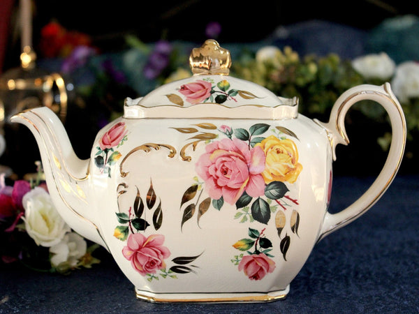 Sadler Cube Teapot, Pink & Yellow, Cabbage Roses Motif, 1930s Sadler Tea Pot 17432 - The Vintage TeacupTeapots