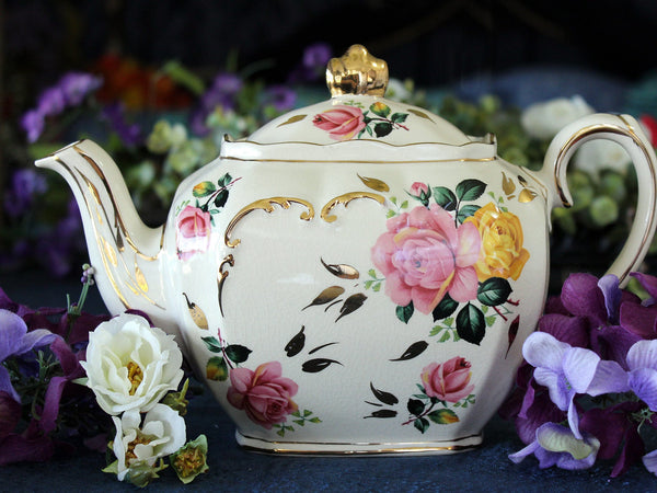 Sadler Cube Teapot, Pink & Yellow, Cabbage Roses Motif, 1930s Sadler Tea Pot 17474 - The Vintage TeacupTeapots