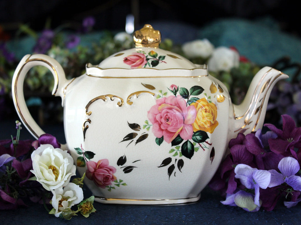 Ambesonne Vintage Fabric By The Yard, Flowers Roses Vintage Teapot