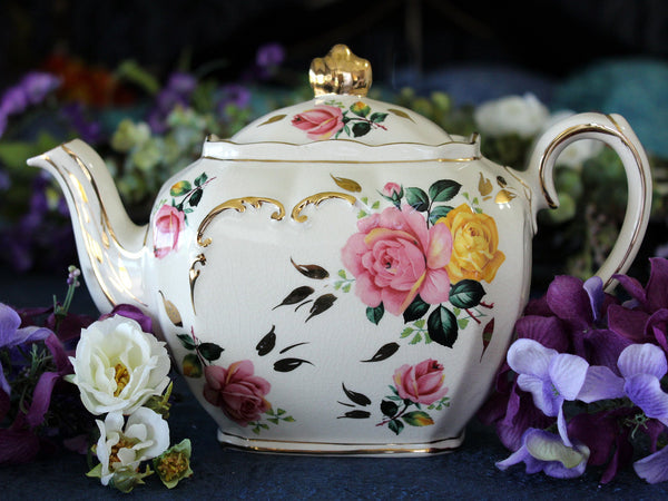 Sadler Cube Teapot, Pink & Yellow, Cabbage Roses Motif, 1930s Sadler Tea Pot 17474 - The Vintage TeacupTeapots