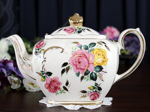 Sadler Cube Teapot, Pink & Yellow, Cabbage Roses Motif, 1930s Sadler Tea Pot 17588 - The Vintage TeacupTeapots