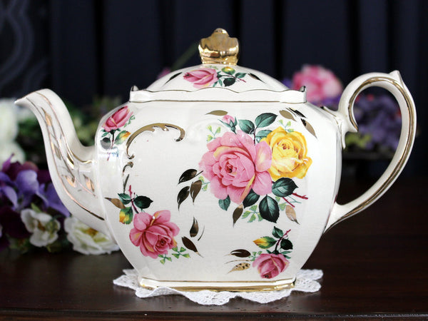 Sadler Cube Teapot, Pink & Yellow, Cabbage Roses Motif, 1930s Sadler Tea Pot 17588 - The Vintage TeacupTeapots