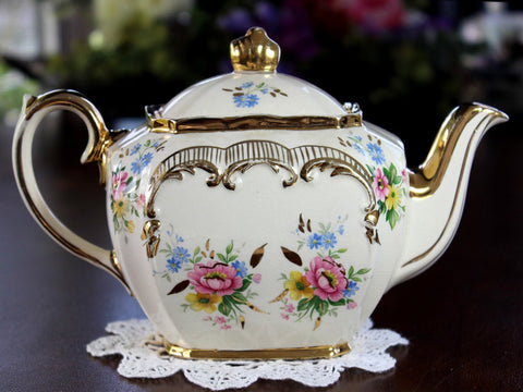 Sadler Cube Teapot, Pink & Yellow Cabbage Roses Transferware 1930s Sadler Tea Pot 17512 - The Vintage TeacupTeapots