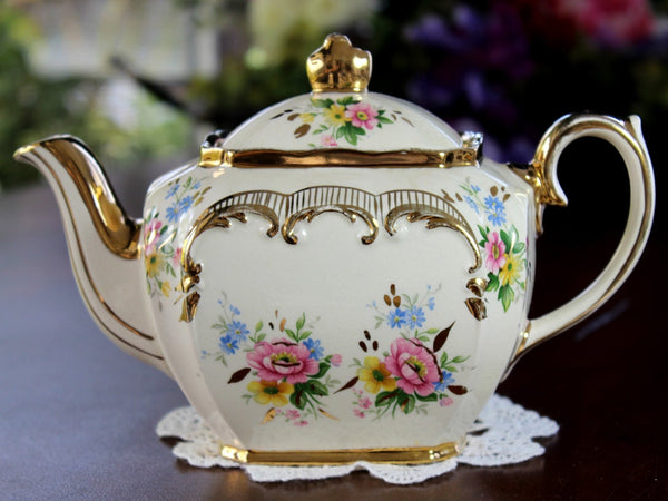 Sadler Cube Teapot, Pink & Yellow Cabbage Roses Transferware 1930s Sadler Tea Pot 17512 - The Vintage TeacupTeapots
