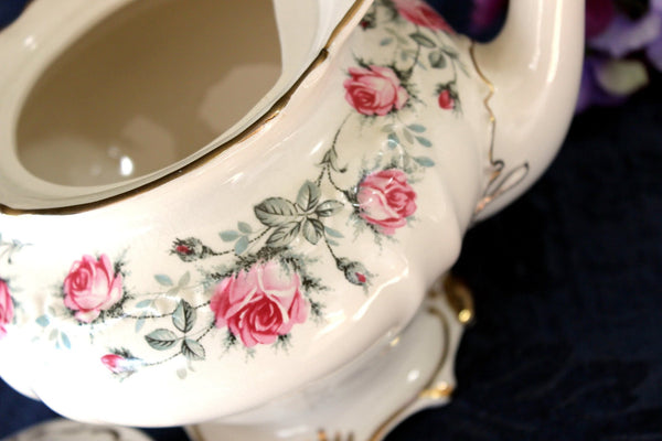 Sadler Teapot, 4 Cup Sadler Porcelain Tea Pot, Pink Roses Banded, English Teapot 17490 - The Vintage TeacupTeapots