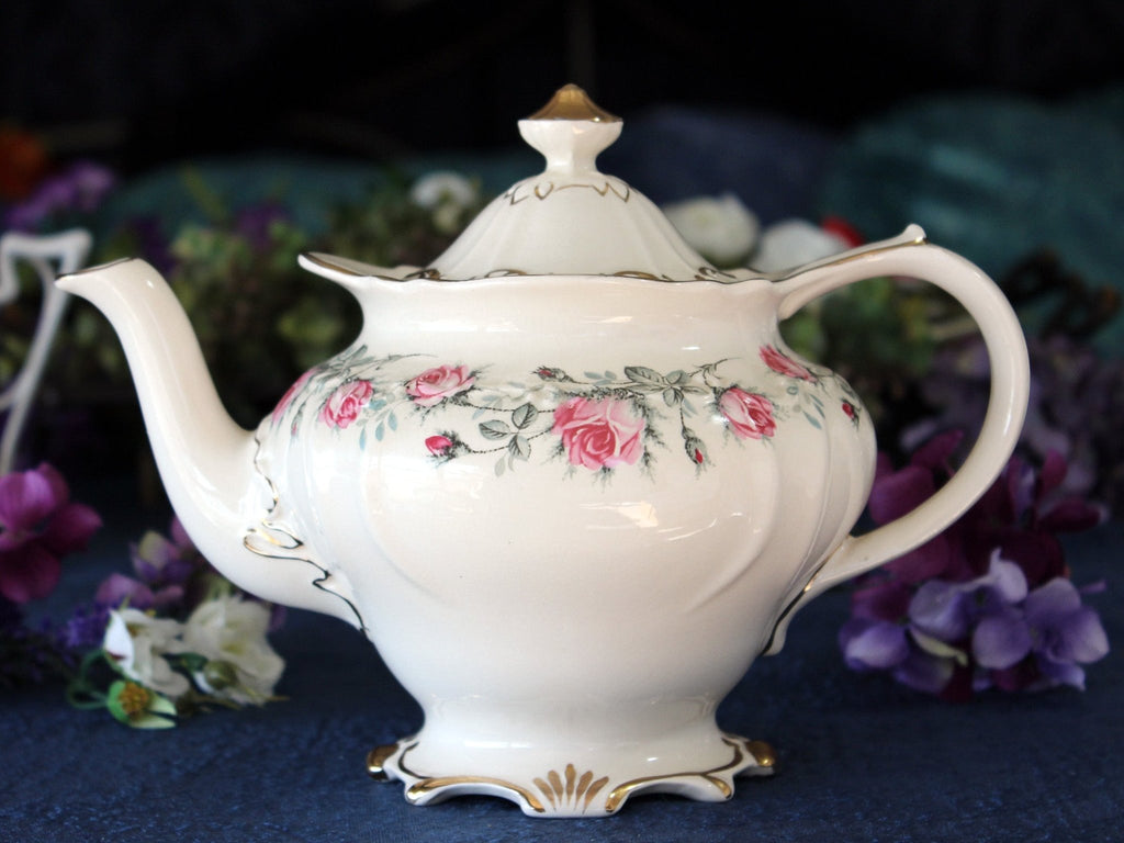 Sadler Teapot, 4 Cup Sadler Porcelain Tea Pot, Pink Roses Banded, English Teapot 17490 - The Vintage TeacupTeapots