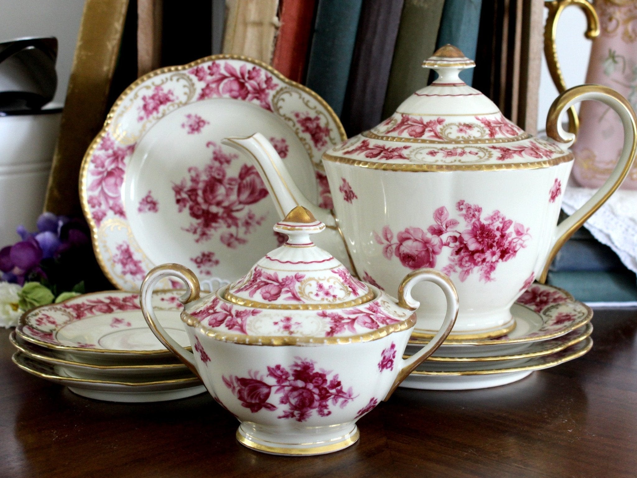 Schumann Bavaria, Dresdner Teapot, Lidded Sugar and Various Plates 