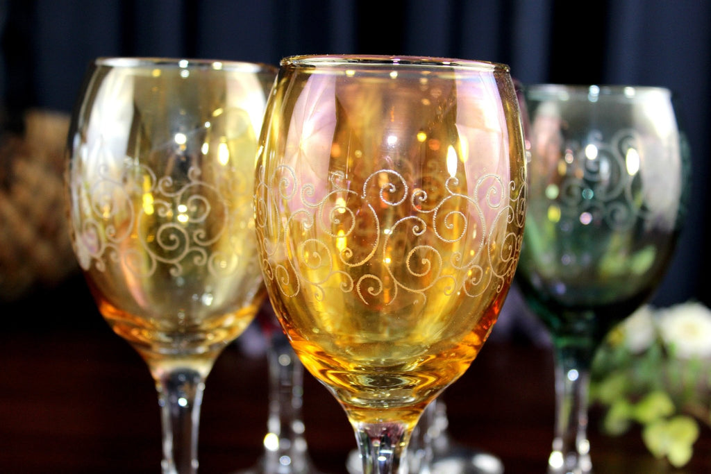 Set of 6 Colorful Stemmed Wine Glasses, Etched Wave Design, 3