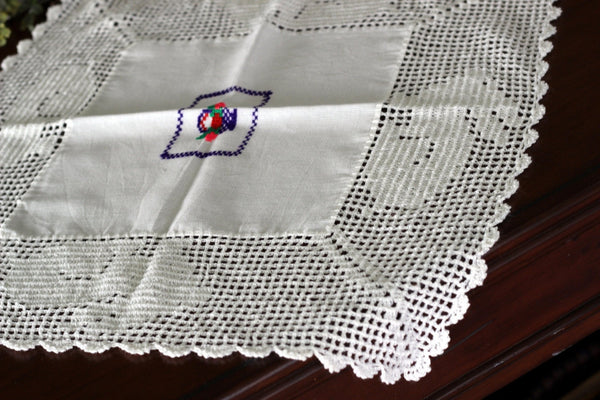 Small Acrylic Tablecloth, Vintage Linen Embroidered Center and Wide Filet Crocheted Border 17099 - The Vintage TeacupTablecloths