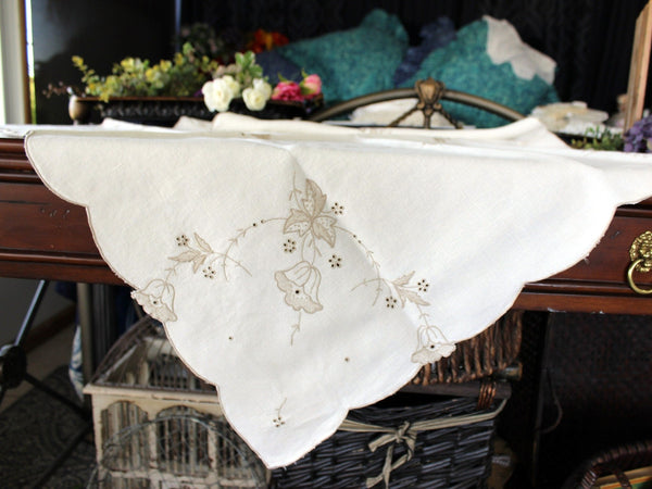 Small Linen Tablecloth, Machine Embroidered, Bronze on Light Ecru, Table Cloth 16758 - The Vintage TeacupTablecloths