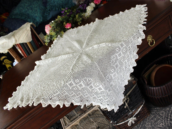 Small Tablecloth, Wedding White, Vintage Linen Embroidered and Filet Crocheted 17217 - The Vintage TeacupTablecloths