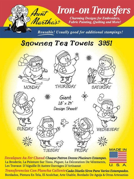 Snowmen for Tea Towels, Aunt Martha's, Pattern 3951, Hot Iron Transfers, NEW Uncut, Unopened, Transfers for Embroidery - The Vintage TeacupHot Iron Transfers