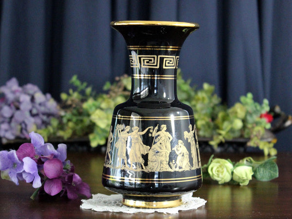 Spathas Keramik, Black Vase, Handmade Greece, 24K Gold, Grecian Figures 17918 - The Vintage TeacupAntique & Vintage